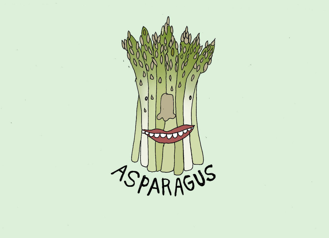 Illustration of a bunch of asparagus with a nose and smiling mouth