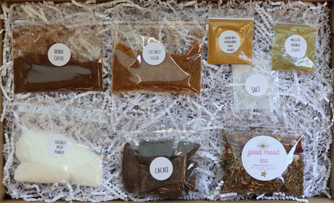 Elixir happy hour DIY kit with bags of individual items- cacao, herbal coffee, golden milk powder