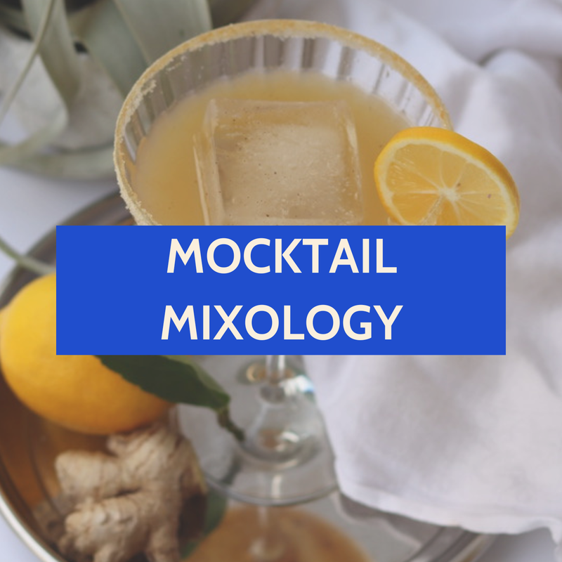 Lemon-ginger mocktail with plant and fruit on plate from corporate class with words mocktail mixology on top of the image