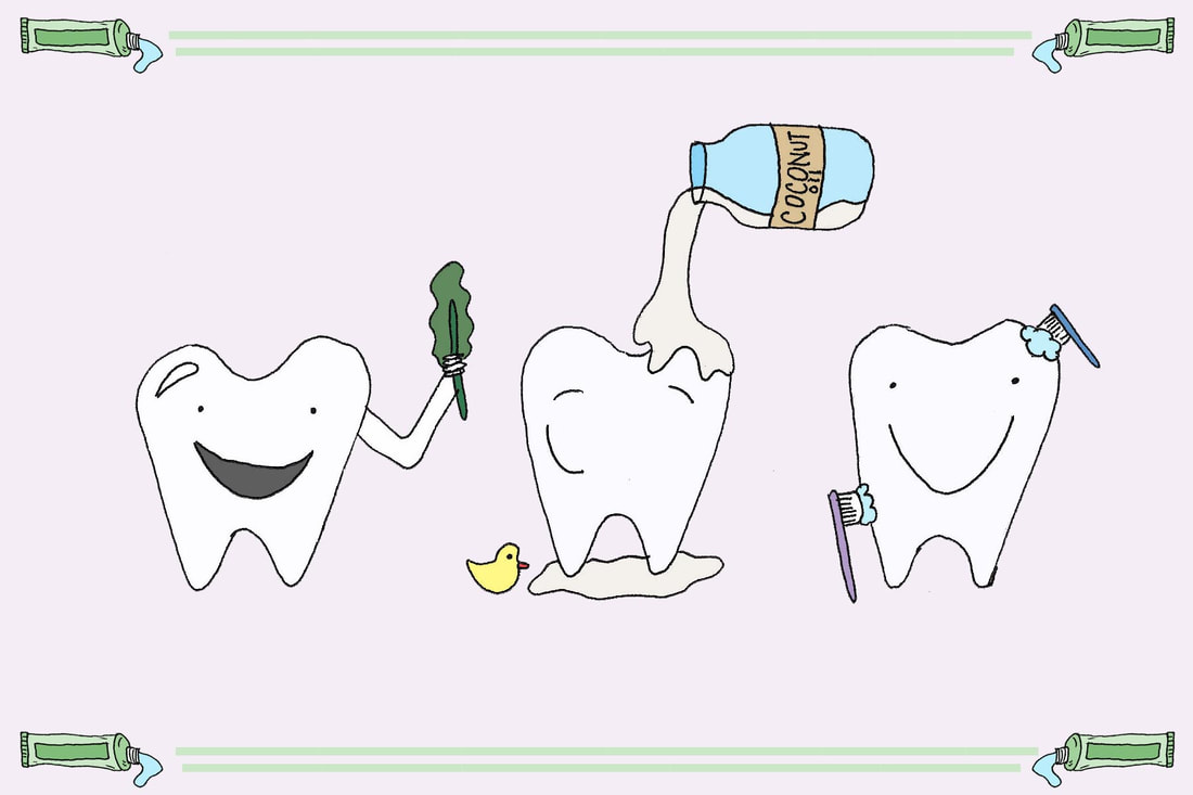 Illustration of three teeth smiling, one holding kale, one with coconut oil being poured on it and one with two mini toothbrushes scrubbing it; toothpaste tube boarder