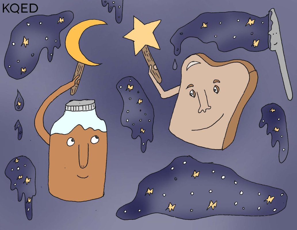 Illustration of peanut butter and toast holding up a moon and star 