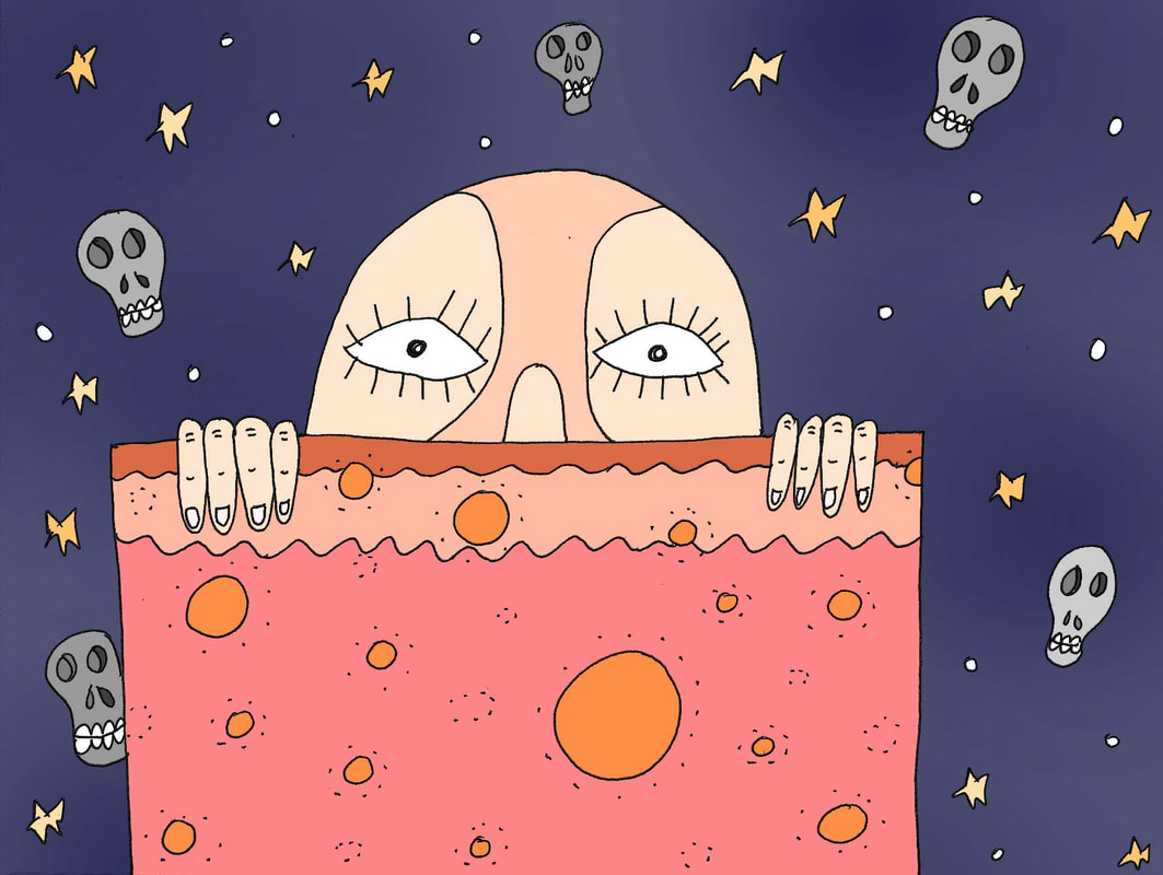 illustration of a stressed person holding a pink blanket with their eyes wide open from insomnia and skeletons and stars in the background