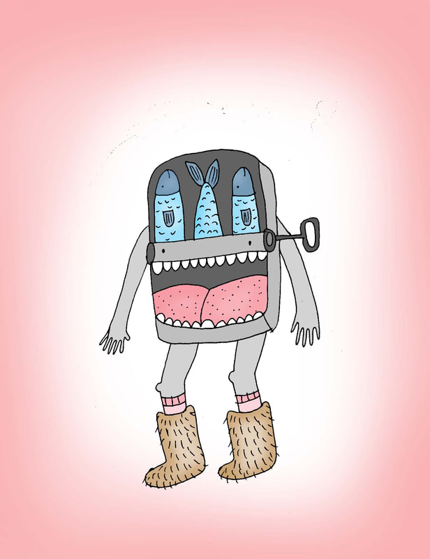 Illustration of a tin of sardines with mouth and legs wearing fuzzy boots
