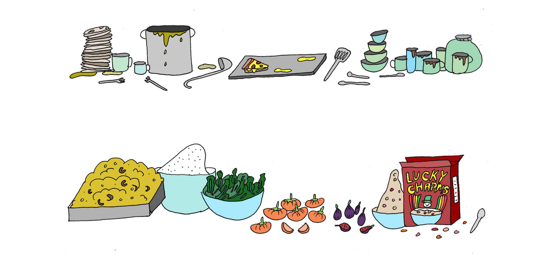 Illustration of food items and kitchen items