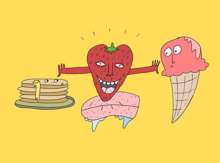 food illustration of strawberry sitting on a tongue pushing away pancakes and ice cream