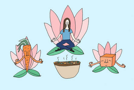 food illustration of meditating vegetables and woman on lotus flowers