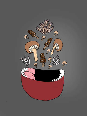 food illustration of mushrooms with mouth open eating them