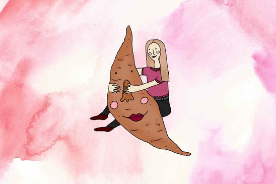 food illustration of woman hugging sweet potato