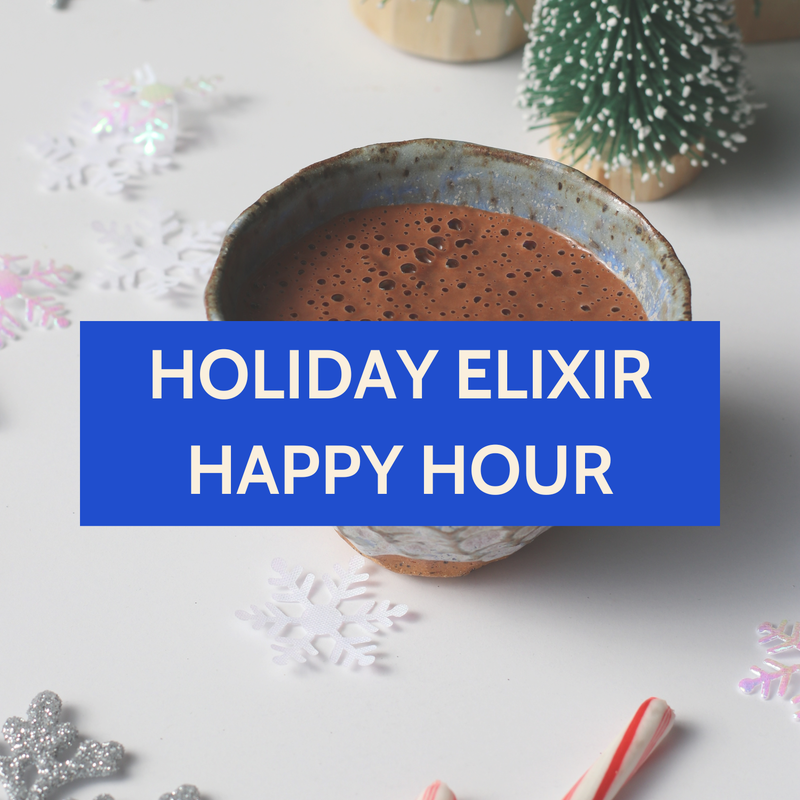 Chocolate mocktail with holiday elixir happy hour words over image from corporate team building event