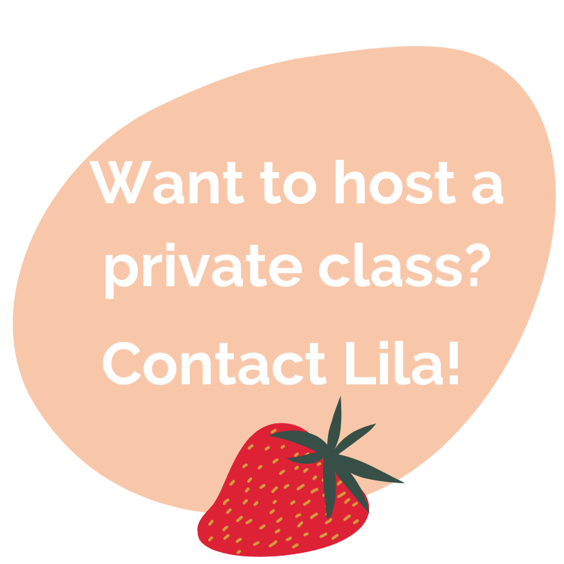 Pink background with white letters want to host a private class contact lila with strawberry