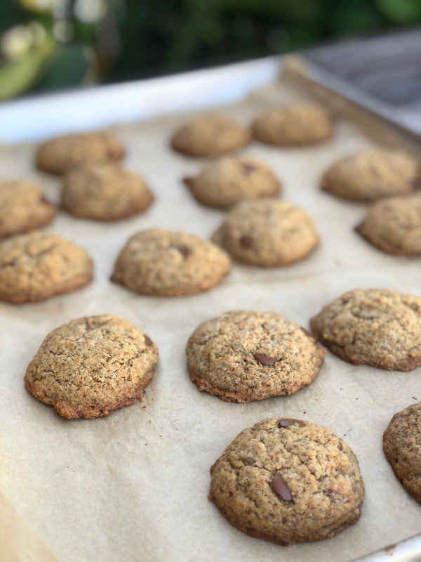 Gluten free vegan carob chip cookies on tray