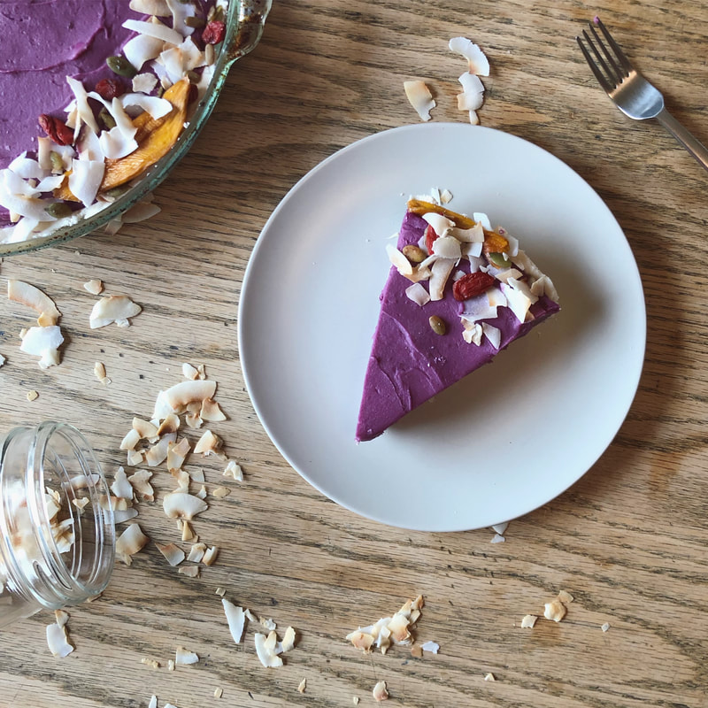 Food photography of gluten-free, vegan and nut-free purple sweet potato pie