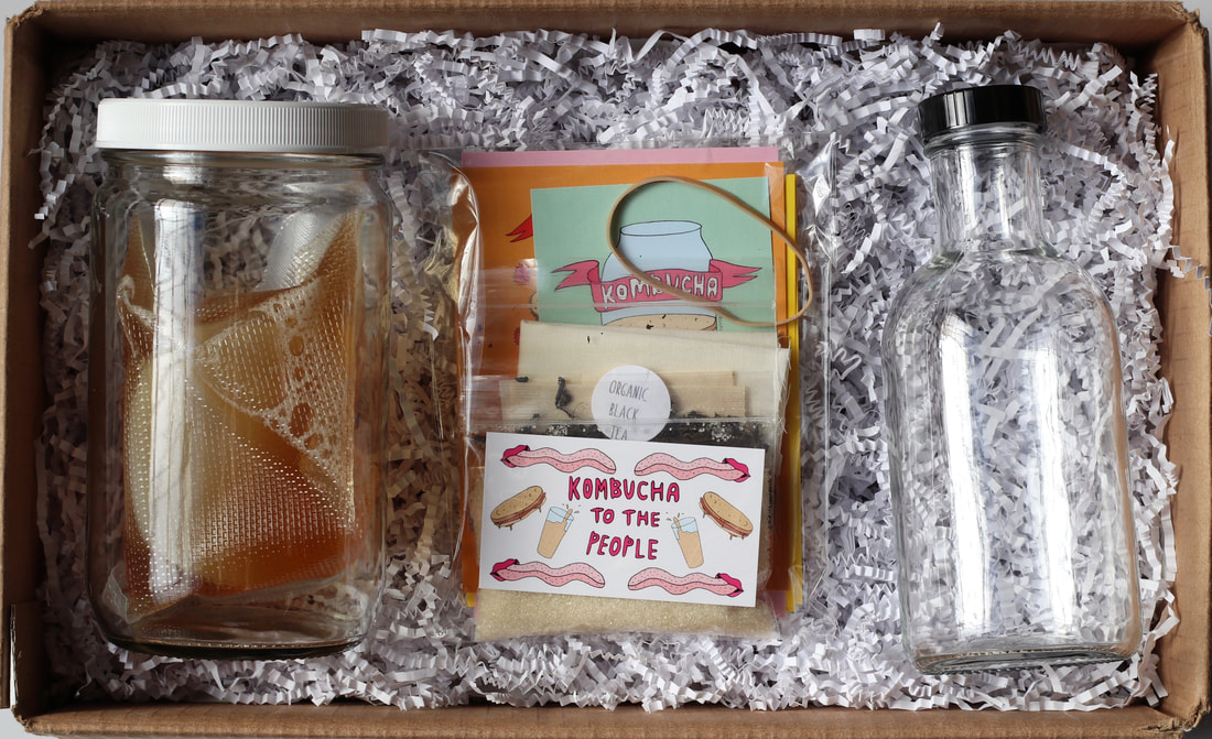 DIY kombucha kit for corporate kombucha class with jar, SCOBY, bottle, instructions, tea and sugar