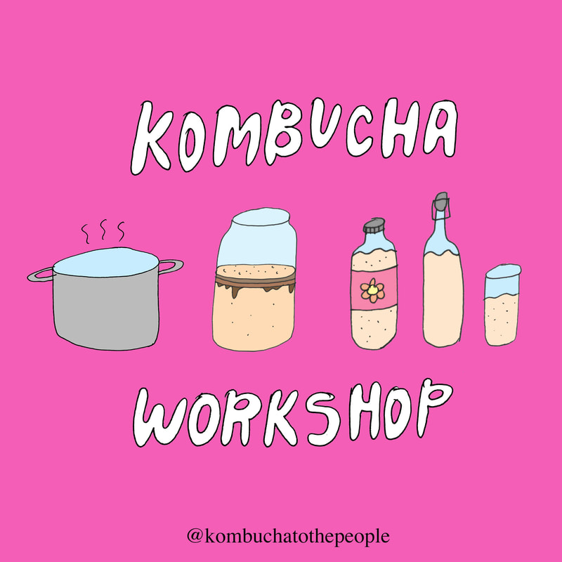 Bright pink illustration of kombucha workshop flyer with pot mason jar with SCOBY and cups of kombucha