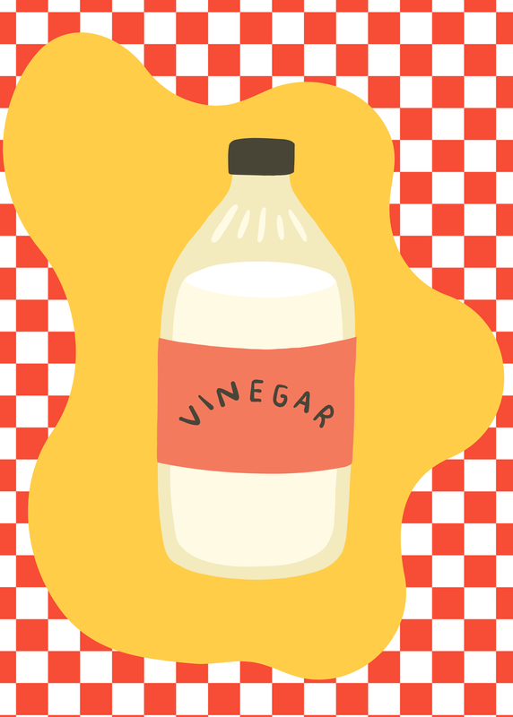 Red checked background with yellow shape and illustration of vinegar for mocktails