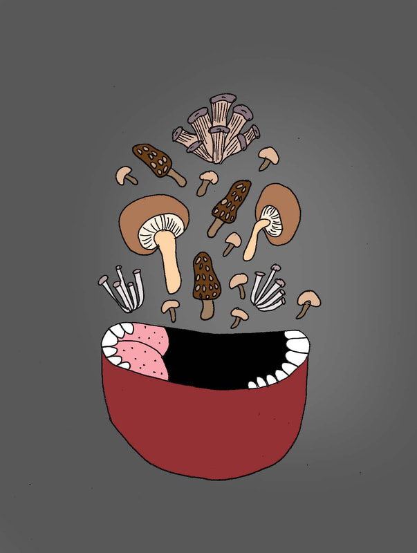 Illustration of a variety of mushrooms falling into a bowl with teeth and a tongue