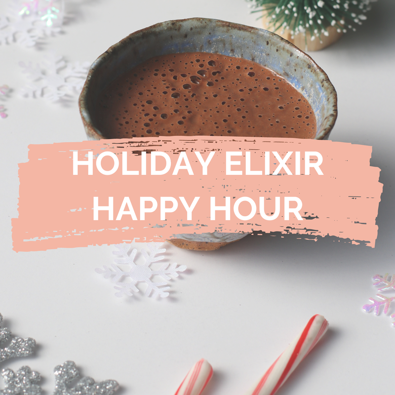 Chocolate mocktail with holiday elixir happy hour words over image from corporate team building event