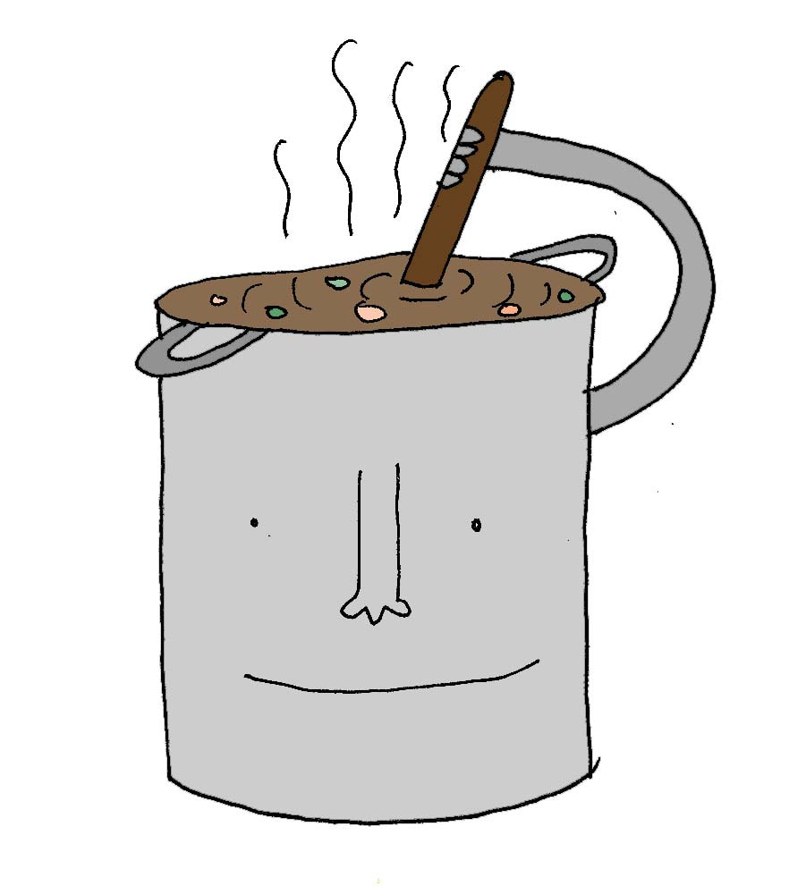 Illustration of bone broth pot stirring itself
