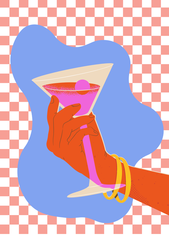 Pink Checkered background with blue shape and woman's hand holding mocktail with vinegar in it