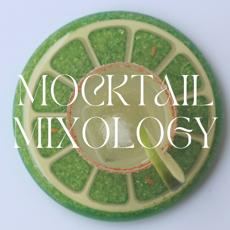 image of mocktail in glass with a salted rim and lime with words mocktail mixology over top the image