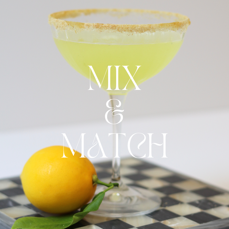  lemon drop cocktail with adaptogenic sugar rim with words mix and match on top from corporate virtual happy hour 